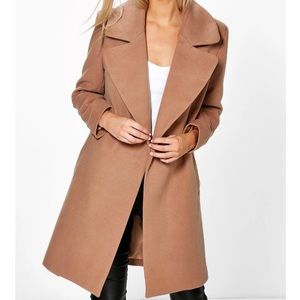 Brown tan Boohoo oversized wool look coat